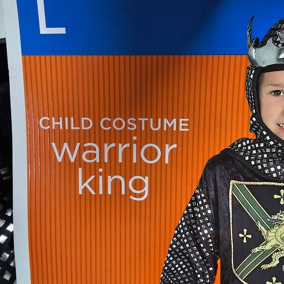 New Child Boy Costume Warrior King Knight Black Armor Silver Tunic Boot tops L - Picture 2 of 8